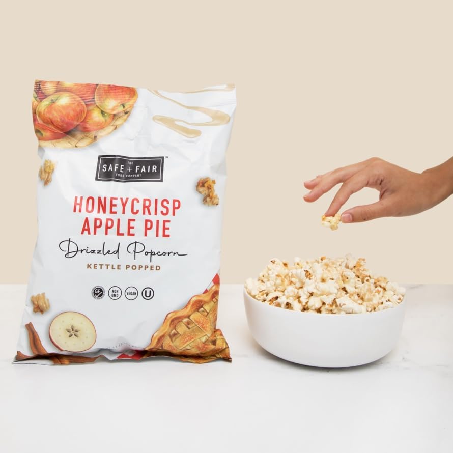 Safe + Fair Plant-Based Gourmet Apple Pie Flavored Popcorn - Honeycrisp Apple Pie Drizzled Kettle Corn Popcorn Non-GMO Gluten-Fr
