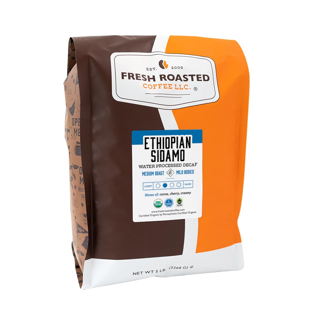Fresh Roasted Coffee, Fair Trade Organic Ethiopian Sidamo Water Decaf, 2 Lb (32 Oz), Kosher, Medium Roast, Ground