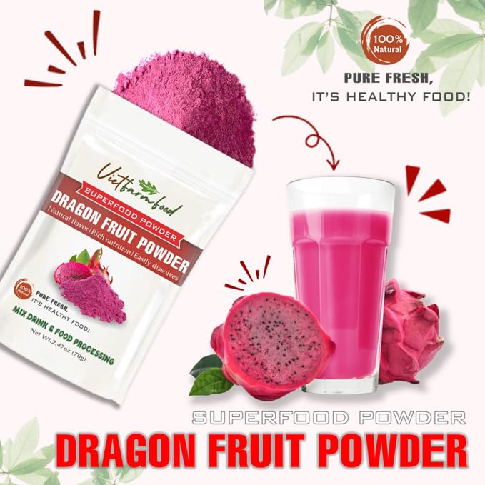 Red Dragon Fruit Powder 2.47 Oz (70G) Vietfarmfood: Freeze-Dried Extracted From 100% Pure, Sugar-Free. Used To Mix Mixed Drinks
