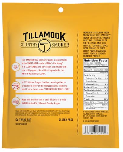 Tillamook Country Smoker Enhanced Beef Jerky, Mikes Hot Honey, 2.2 Ounce, Real Hardwood Smoked Beef, Low Carb, High Protein, Ready To Eat Sweet & Spicy Snack