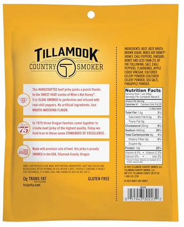 Tillamook Country Smoker Enhanced Beef Jerky, Mikes Hot Honey, 2.2 Ounce, Real Hardwood Smoked Beef, Low Carb, High Protein, Ready To Eat Sweet & Spicy Snack