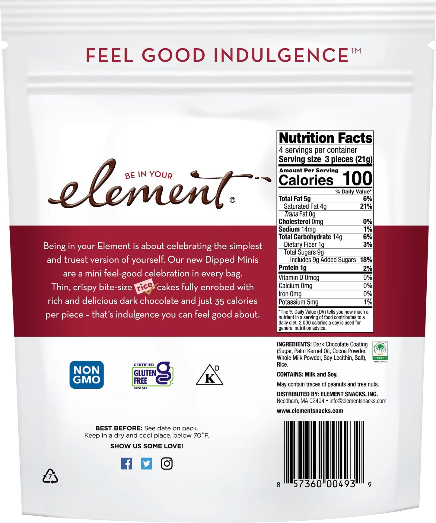 ELEMENT Dark Chocolate Dipped Minis - All-Natural Rice Snacks, 3 Ounce (Pack of 8), Gluten-Free, Kosher