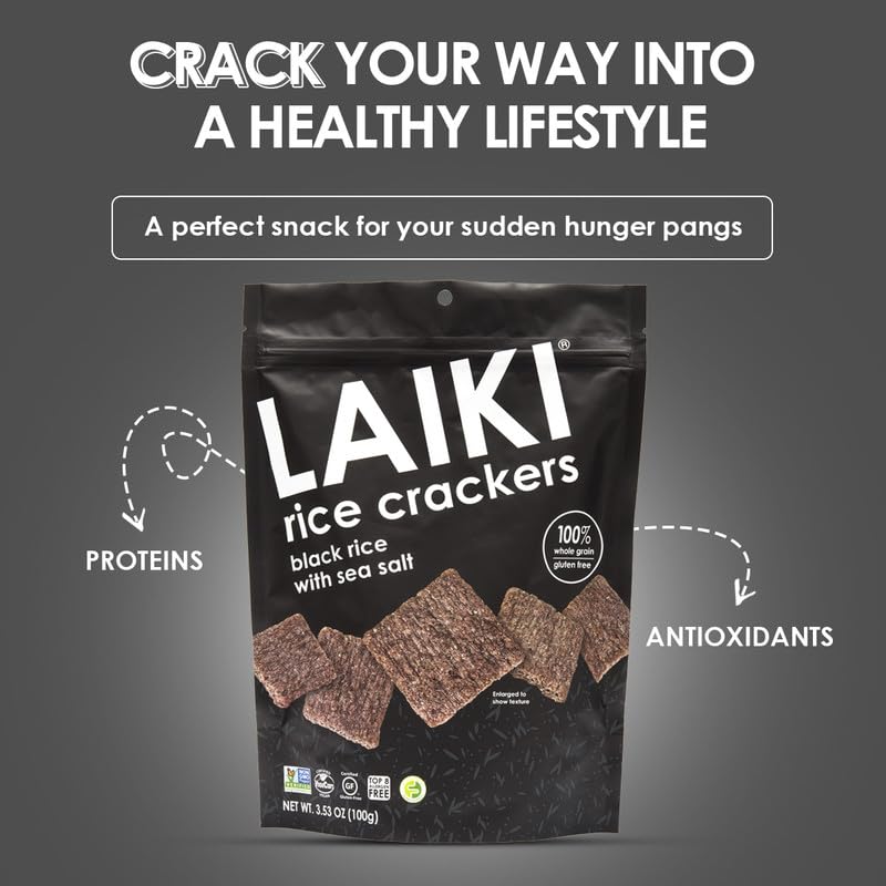 LAIKI Gluten Free Rice  ers, Seed-Oil Free, Low Sodium, Vegan, Non-GMO, 3.53 Oz Bag (Pack of 8), Black Rice Simply Sea Salt