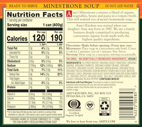 Amy’S Soup, Vegan Minestrone, Light In Sodium, Made With Organic Vegetables, Beans And Pasta In Tomato Broth, Canned Soup, 14.1 Oz (6 Pack)