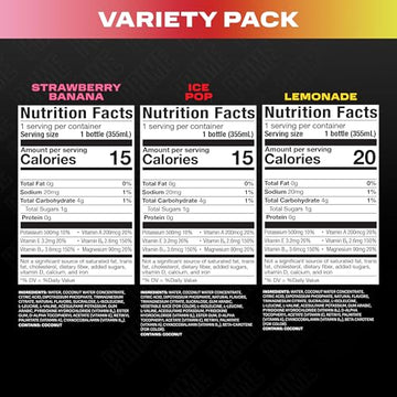 PRIME HYDRATION Variety - ICE POP  Strawberry Banana  Lemonade  Sports Drinks  Electrolyte Enhanced for Ultimate Hydration  250mg BCAAs  B Vitamins  Antioxidants  Low Sugar  12 Fl Oz  15 Pack