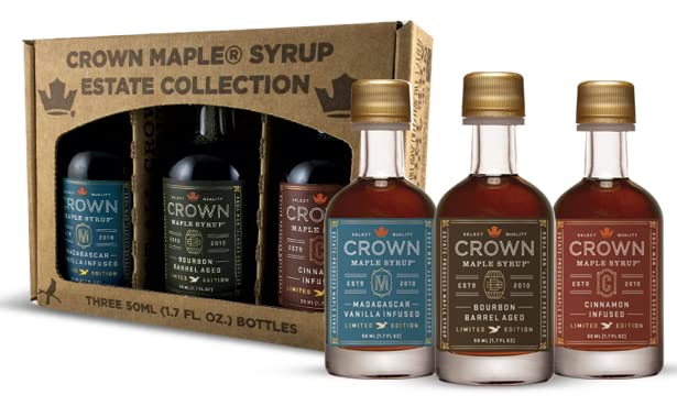Crown Maple Artisan Trio Collection - Bourbon Barrel Aged, Madagascar Vanilla, Cinnamon Infused Organic Maple Syrup, 50ML (1.7 Fl Oz)
