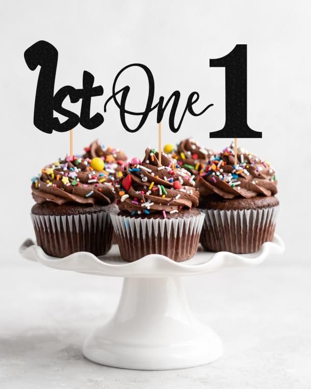 24Pack First Birthday Cupcake Topper - Glitter Black One Cupcake Picks,1St Birthday Cupcake Decorations Supplies (Black)