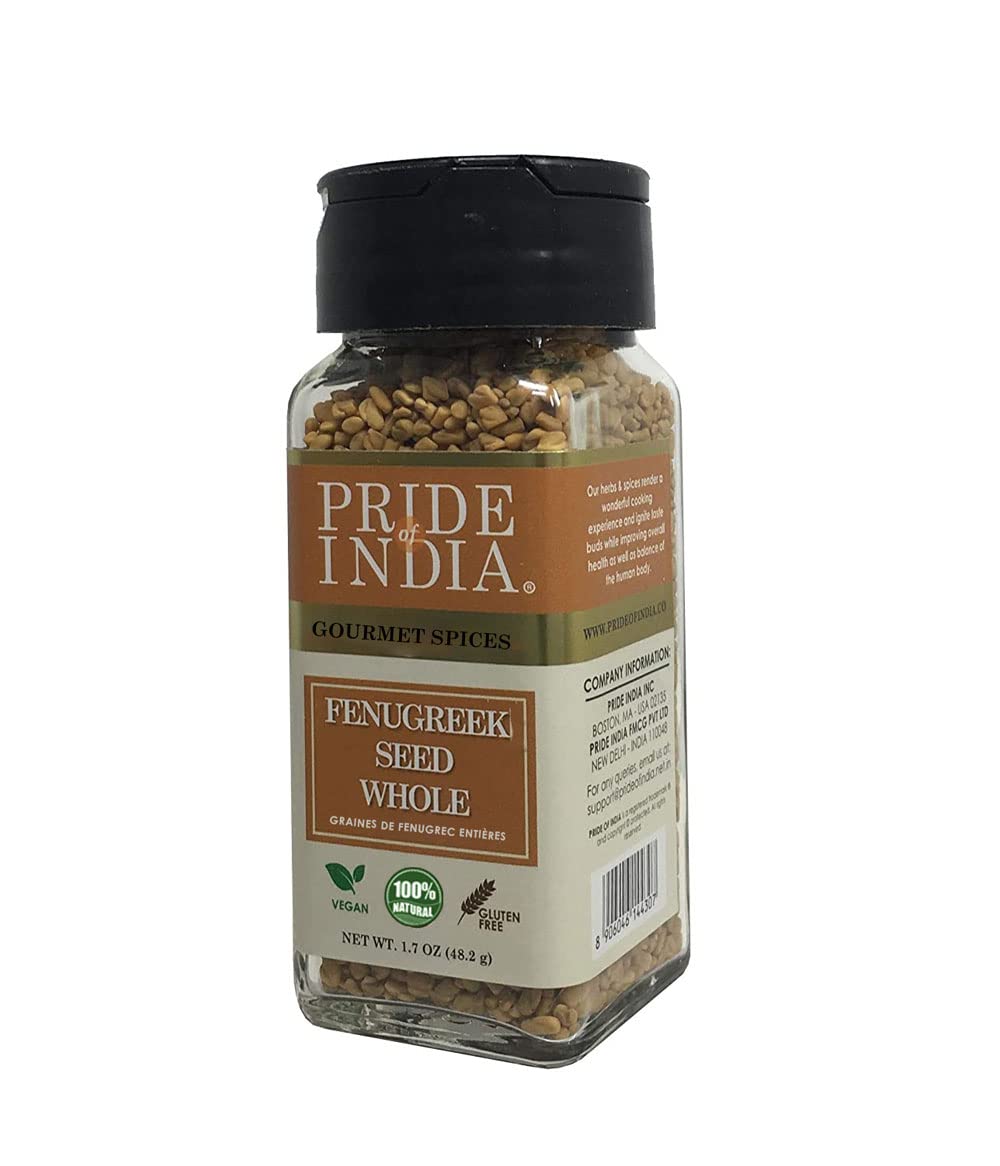 Pride Of India - Natural Fenugreek Seed Whole, 1.7 Oz (48 Gm) Dual Sifting Jar, Authentic Indian Whole Methi Seeds, Gluten & Gmo