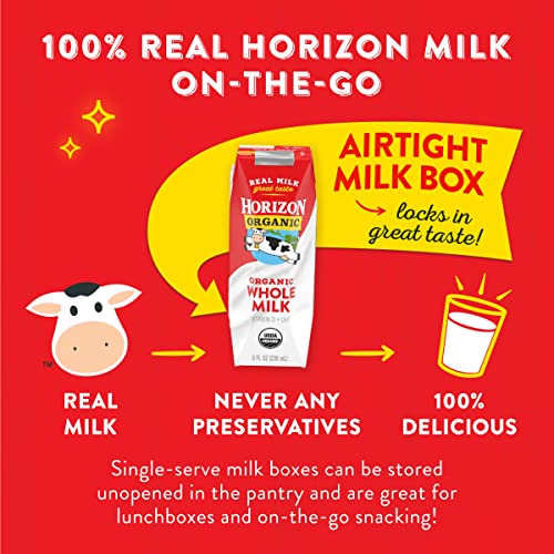 Horizon Organic Shelf Stable Whole Milk Boxes, 8 fl oz, 12 Count - 8g Protein per Serving, USDA Organic UHT from Pasture-Raised