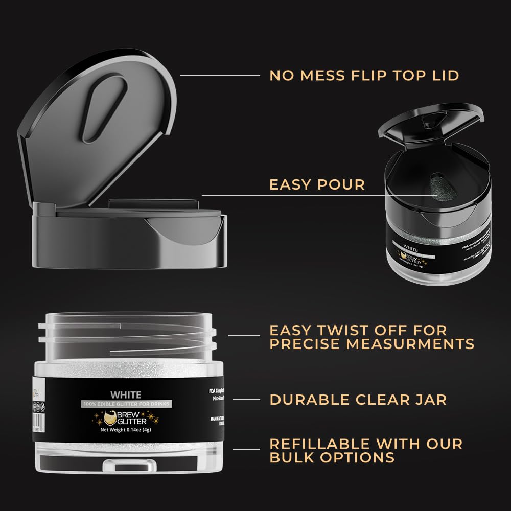 Bakell Brew Glitter - Shimmering Edible Glitter for Beverages, 4g Shaker Jar, White