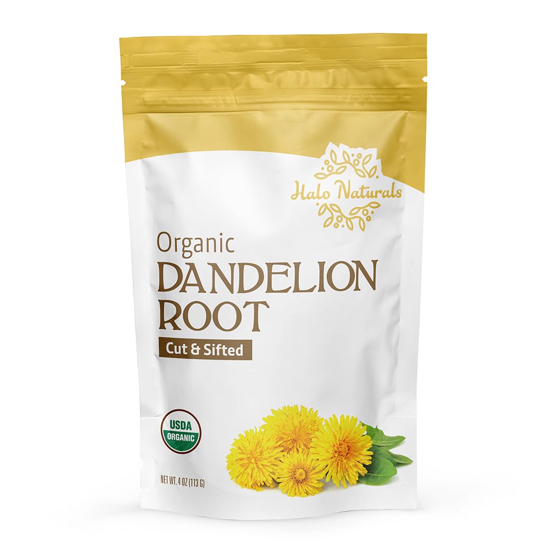 Halo Naturals Organic Dandelion Root Cut & Sifted  4 Ounces (Taraxacum officinale) USDA Certified | Resealable Pouch| Packaged in The USA