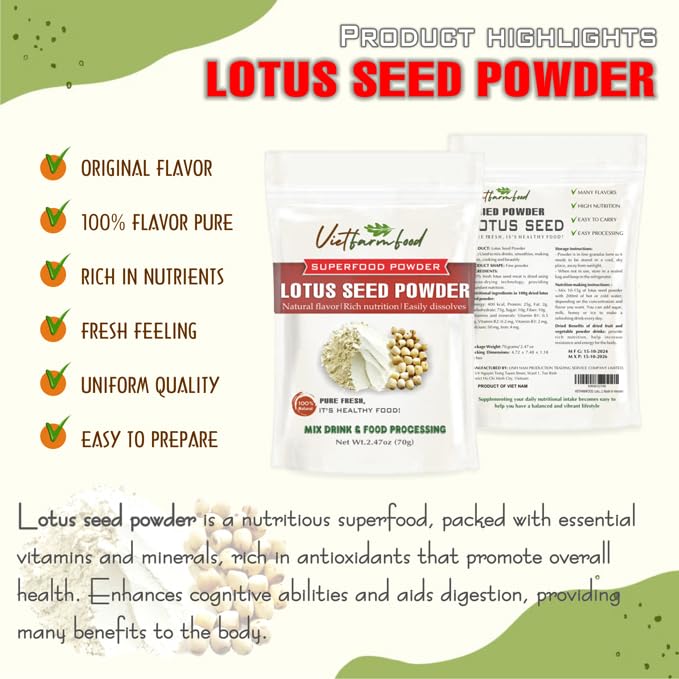 Lotus Seeds Powder 2.47 Oz (70G) Vietfarmfood: Freeze-Dried Extracted From 100% Pure, Sugar-Free. Used To Mix Mixed Drinks Fresh