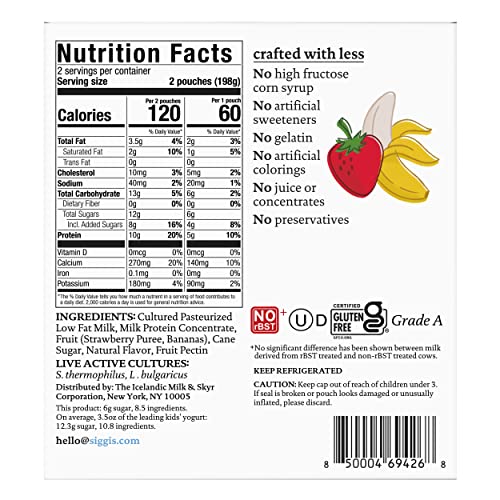 siggis Kids Lowfat Yogurt Pouches, Strawberry Banana, 3.5 oz. Each, 4 Ct - 2% Milkfat