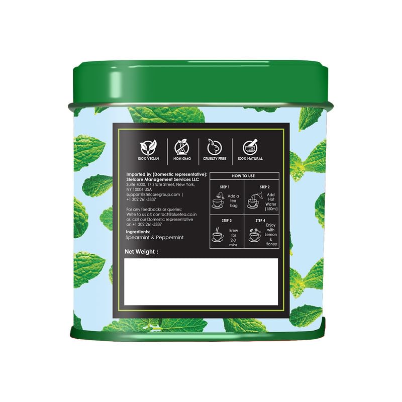 Blue Tea - Super Mint Tea - 30 Count - Pyramid Plant Based Tea Bag | Super Antioxidant | Herbal Tea - Caffeine Free - Non-Bitter - Calming Tea - Vegan - Non-Gmo - 100% Natural | Tin Pack
