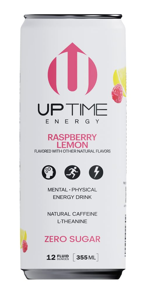 UPTIME Energy Drink, Raspberry Lemon, 12 Pack, Sugar Free, 12 Fl Oz Cans, 142mg Natural Caffeine