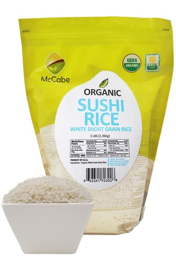 McCabe Organic Short Grain White Sushi Rice - USDA Certified - 3 lbs Pack of 3 - Rich in Fibers and Minerals