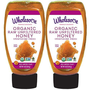 Wholesome Organic Raw Unfiltered Honey, Pesticide Free, Fair Trade, Non Gmo & Non Glyphosate, 16 Ounce Squeeze Bottle (Pack Of 2