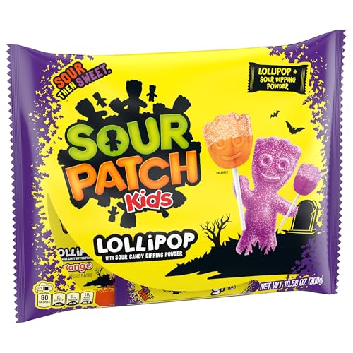 SOUR PATCH KIDS Orange & Purple Halloween Candy Lollipops with Sour Candy Dipping Powder, 20 Lollipops