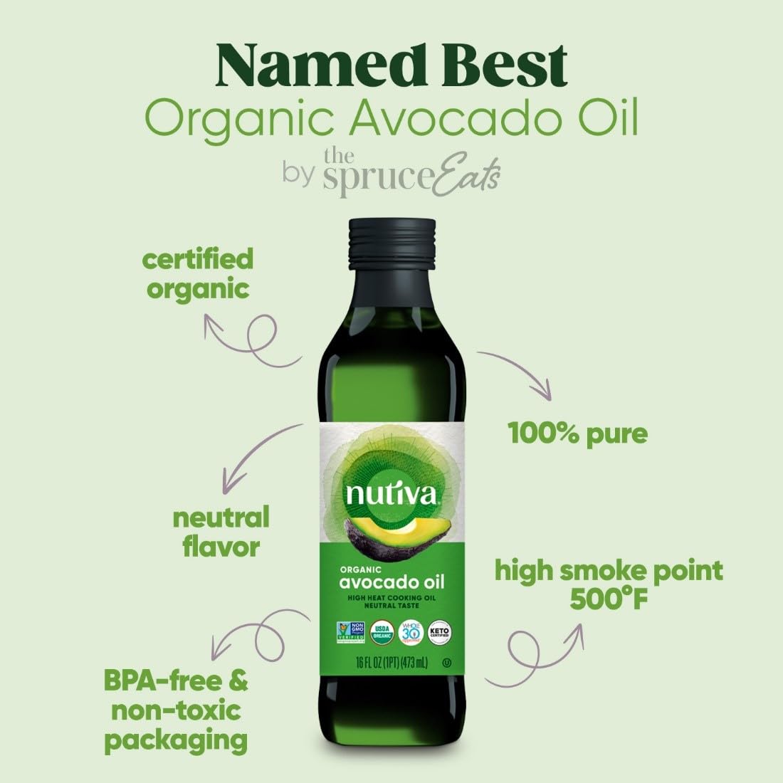 Nutiva Organic Steam-Refined Avocado Oil, 100% Pure, 16 Fl Oz, Usda Organic, Non Gmo, Whole 30 Approved, Keto, Paleo, High-Heat Oil With Neutral Flavor And Aroma For Cooking & Frying