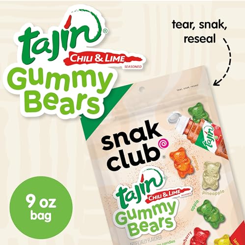 Snak Club Tajin Gummy Bears, Assorted Fruit Candy Gummies with Chili and Lime Seasoning, Mild, Gluten-Free and Vegan Snacks, 9 o