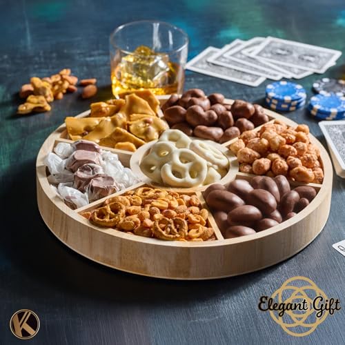 KREMERY Creamy Chocolate Cravings - Valentines Day Chocolate Covered Pretzels & Nuts Gift Basket, in Reusable Round Wooden Tray