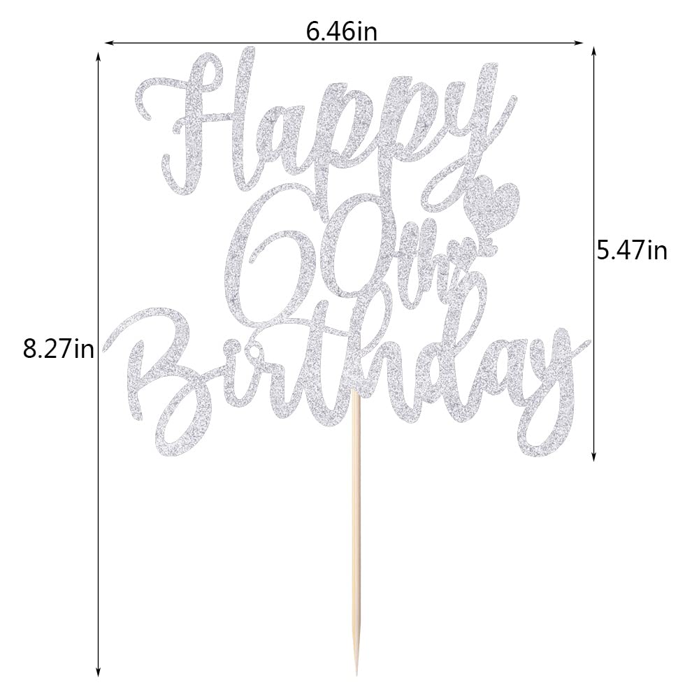 YUINYO 60th Birthday Cake Topper, Handmade Glitter Bunting Decor, Silver, Model MS-531