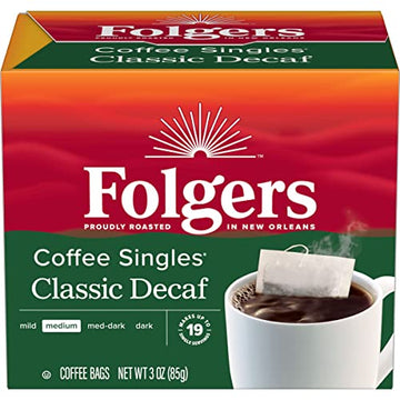 Folgers Coffee Singles Classic Decaf Medium Roast Coffee, 19 Single Serve Coffee Bags