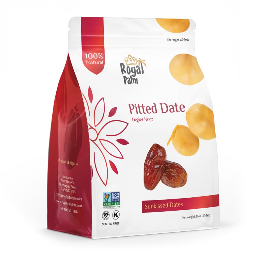 Royal Palm Deglet Noor Dates - Natural Dried Pitted Dates, Non-GMO, Kosher, 16oz (1 Pound) Bulk Pack