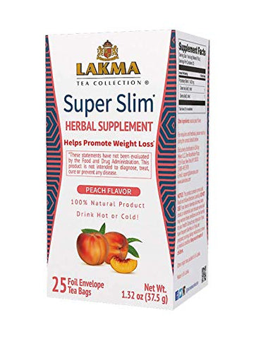Lakma Wellness Super Slim Tea With Peach Flavor - 25 Tea Bags (Gmo Free, Gluten Free, Dairy Free, Sugar Free & 100% Natural, Decaf)