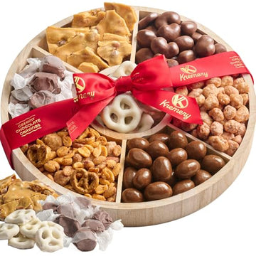 KREMERY Creamy Chocolate Cravings - Valentines Day Chocolate Covered Pretzels & Nuts Gift Basket, in Reusable Round Wooden Tray