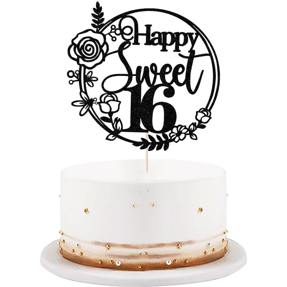 Rose Gold Glitter Happy Sweet 16 Cake Topper - Happy 16Th Birthday Cake Decor - Hello 16, Cheers To 16 Years Birthday Party Deco