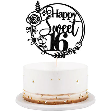 Rose Gold Glitter Happy Sweet 16 Cake Topper - Happy 16Th Birthday Cake Decor - Hello 16, Cheers To 16 Years Birthday Party Deco