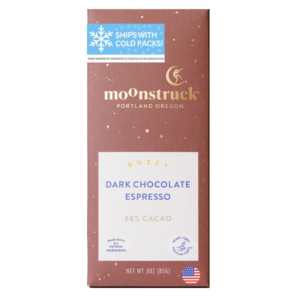 Moonstruck Chocolate Dark Chocolate Espresso Bean Bar, 68% Cacao, 3.0oz (Pack of 1)