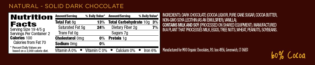 Moo Chocolates All Natural Solid Dark Chocolate Large Bars 1.4 Oz, 14 Ct (Pack Of 1) | 100 Calorie Snacks For On-The-Go, Lunchbo