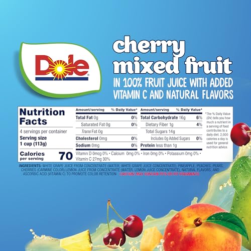 Dole Fruit Bowls Cherry Mixed Fruit in 100% Juice Snacks, 4oz 24 Total Cups, Gluten & Dairy Free, Bulk Lunch Snacks for Kids & A