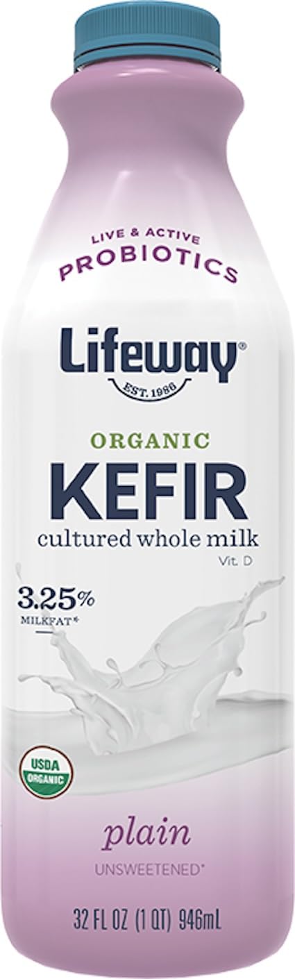 Lifeway Organic Whole Milk Kefir - 10g Protein, 12 Live Active Probiotic Cultures, Up to 99% Lactose Free, Gluten Free - Plain, 