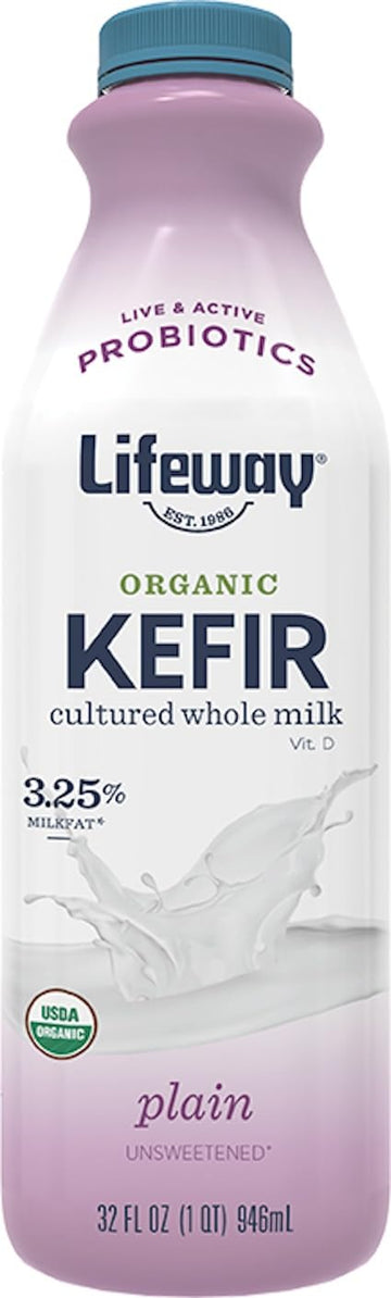 Lifeway Organic Whole Milk Kefir - 10g Protein, 12 Live Active Probiotic Cultures, Up to 99% Lactose Free, Gluten Free - Plain, 