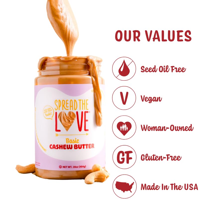 Spread The Love Basic Cashew Butter - All-Natural, Vegan, Gluten-Free, No Added Sugar, No Added Salt, Healthy Snack, Keto, No Gmos - 16 Oz.