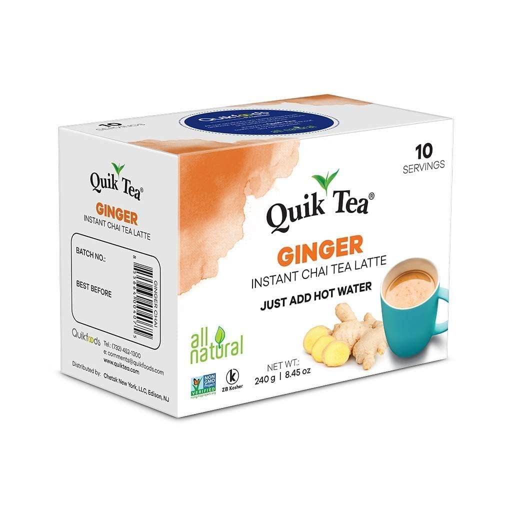 Quiktea Ginger Chai Tea Latte - 10 Count Single Box - All Natural Preservative Free Authentic Instant Chai From Assam