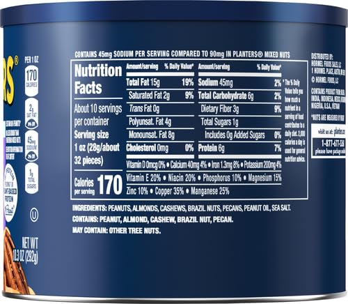PLANTERS Lightly Salted Mix Nuts  Party Snacks  Plant-Based Protein  10 Oz Canister