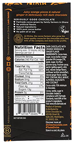 Divine Chocolate Chocolate Bar Dark Ginger Orange, 3 Oz