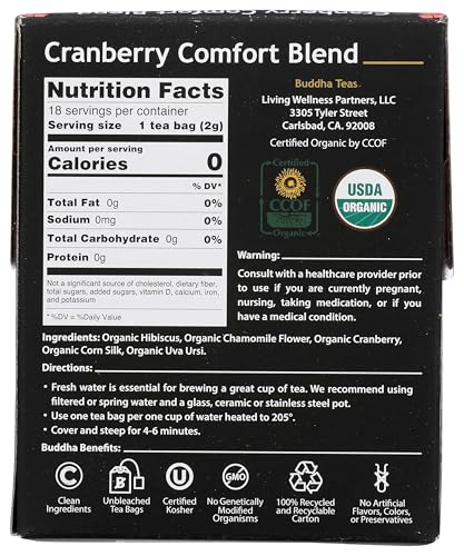 Buddha Teas Organic Cranberry Comfort Herbal Tea - Caffeine Free, Antioxidants, 18 Count (Pack of 1)
