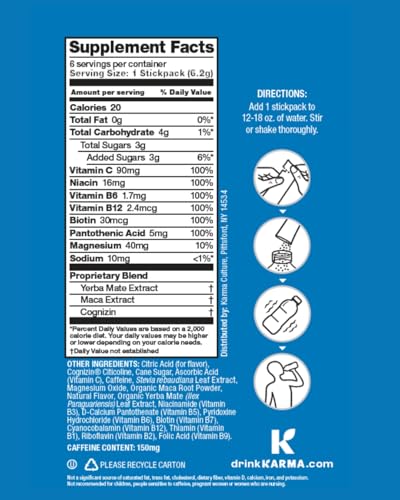 Karma Energy Hydration Packets - 6 Pack  Blueberry Watermelon Drink Mix with Cognizin Nootropics  Vitamins & Immune Support  Low Calorie