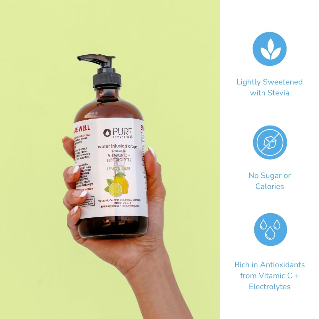 Pure Inventions - Lemon Lime Water Infusion Drops - Antioxidants  Vitamin C & Electrolytes - Health & Wellness Drink -Immunity Support -Sugar Free  Zero Calorie  No Artificial Sweeteners -500 Servings