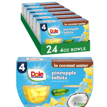 Dole Pineapple Tidbits in Coconut Water - Dole Fruit Bowls Snacks - 4 oz Fruit Bowls - 24 Pack