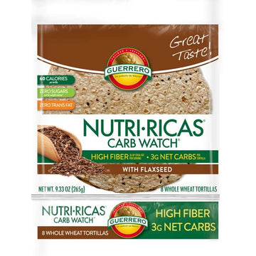 Guerrero Nutri-Ricas Carb Watch With Flaxseed 8 Ct Whole Wheat Tortillas 4 Net Carb 2 Pack 265 Gr Each Kosher Certified