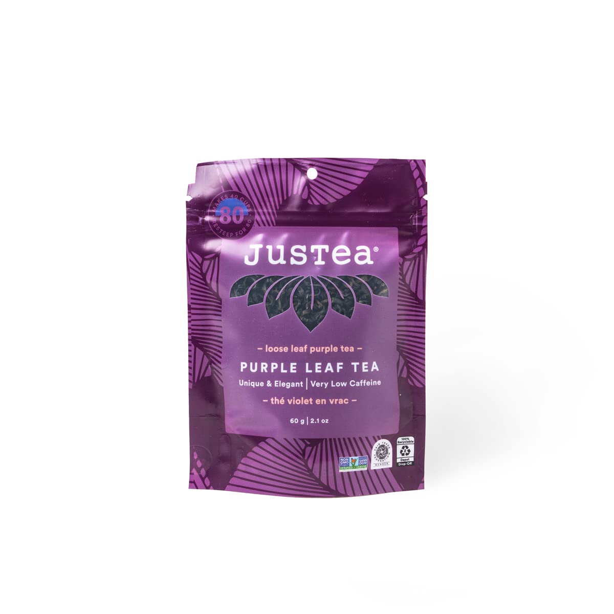 JusTea Loose Leaf Purple Tea | Low Caffeine | Fair Trade | Non-GMO | 2.1oz Refillable Pouch