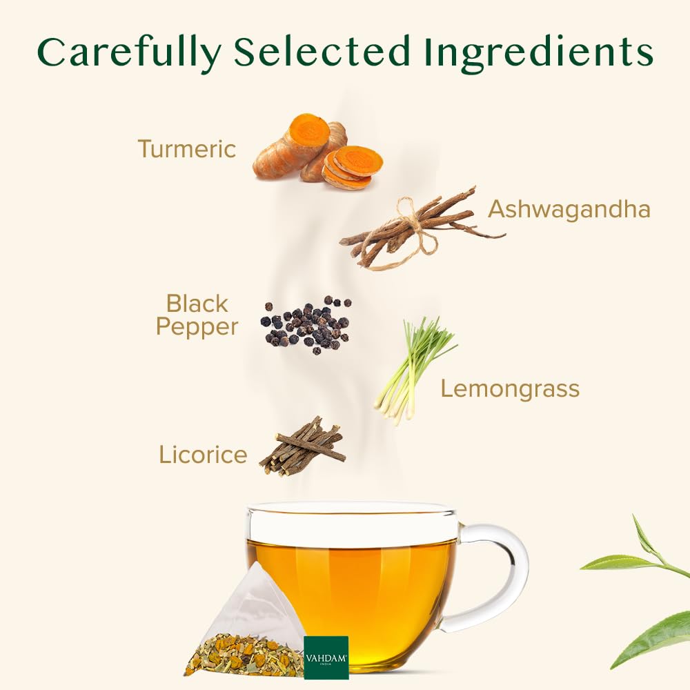 VAHDAM Turmeric Ashwagandha Herbal Tea Bags - 100 Count, Caffeine Free, Non-GMO, Gluten Free, Sweet & Earthy Flavor