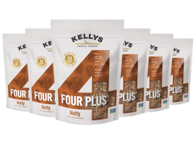 Kellys Four Plus Granola Nutty Cereal, Non-GMO, Low Sugar, Gluten Free, 12oz, Pack of 6