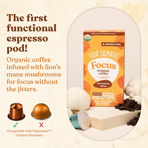 Four Sigmatic Focus Coffee Pods Compatible with Nespresso Original | Organic Medium Roast Espresso with Added Focus | Mushroom Coffee Enhanced with Lions Mane | Medium Roast 10ct